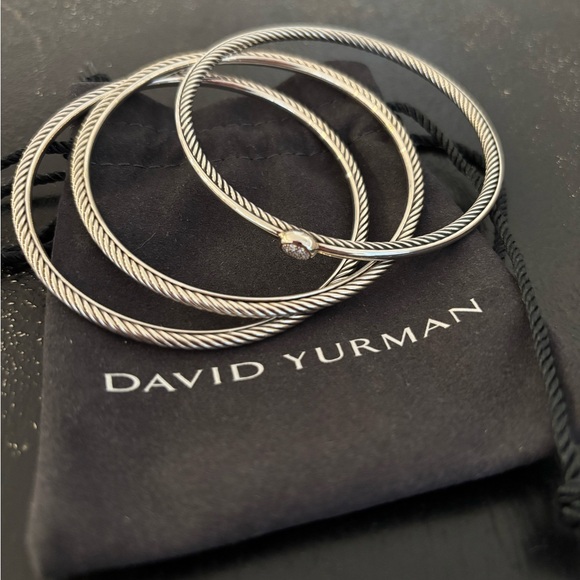 David Yurman Sterling Silver Confetti Diamond Cable Bangle Set - Picture 6 of 9